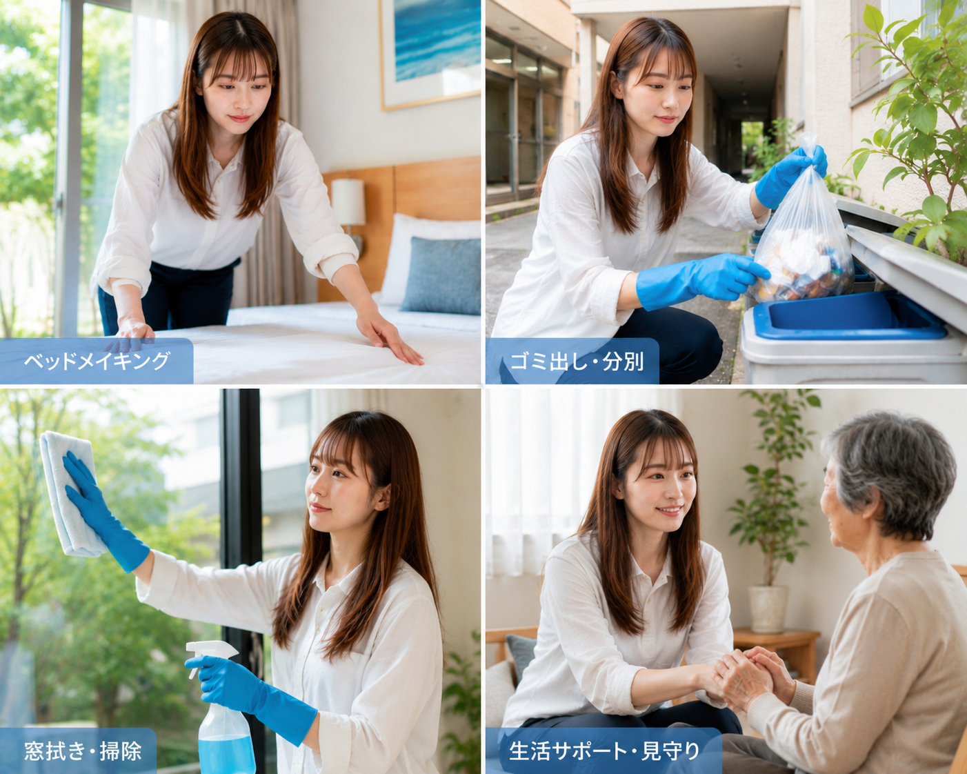 スタッフによる生活サポートの様子（ベッドメイキング・ゴミ出し・窓拭き・見守り）